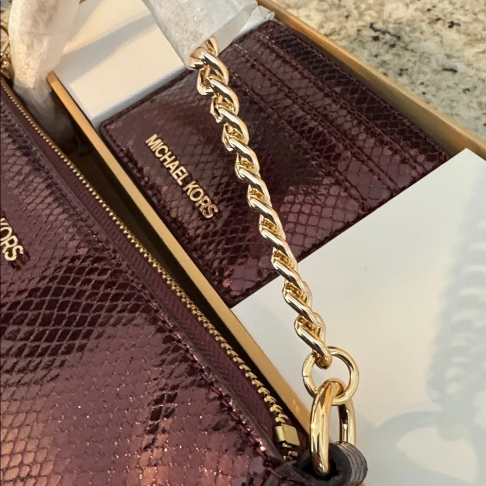Michael Kors 2-Piece Metallic Clutch & Card Holder Oxblood Rouge Sombre